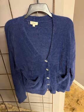 Elan Deep Blue Fuzzy Button-Front Cardigan